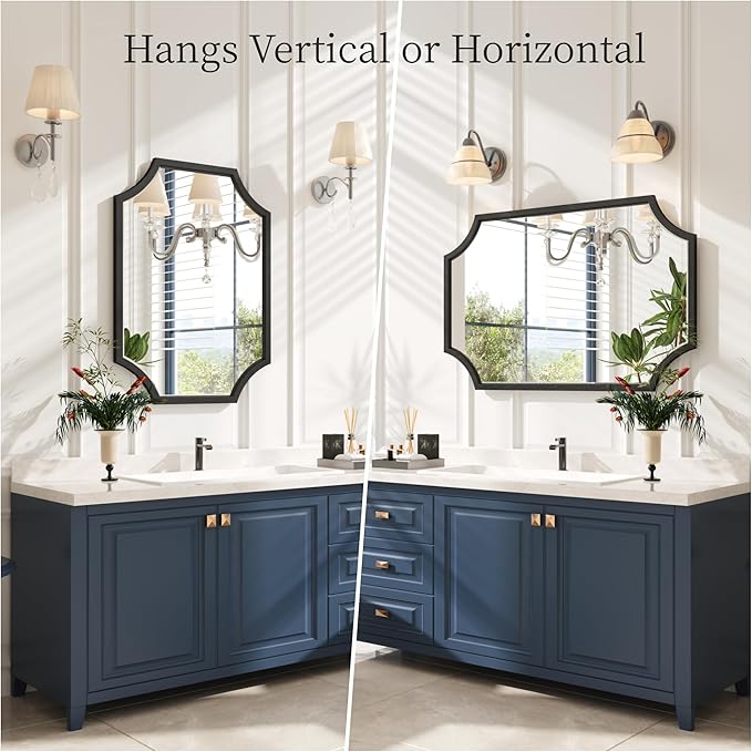 Kelly Miller 30"x40" Large Black Bathroom Mirror for Wall, Gold Scalloped Vanity Mirror Bevelled Framed Decorative Mirror for Master Bath Half Bath Entrance Hallway Fireplace Bedroom Living Room