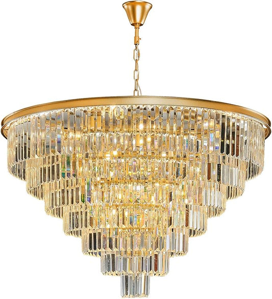 Large Gold Crystal Chandelier 27 Light 7-Tier Modern Luxury Hanging Light Fixture High Ceiling E12 Base Chandelier for Dining Room Living Room 40in