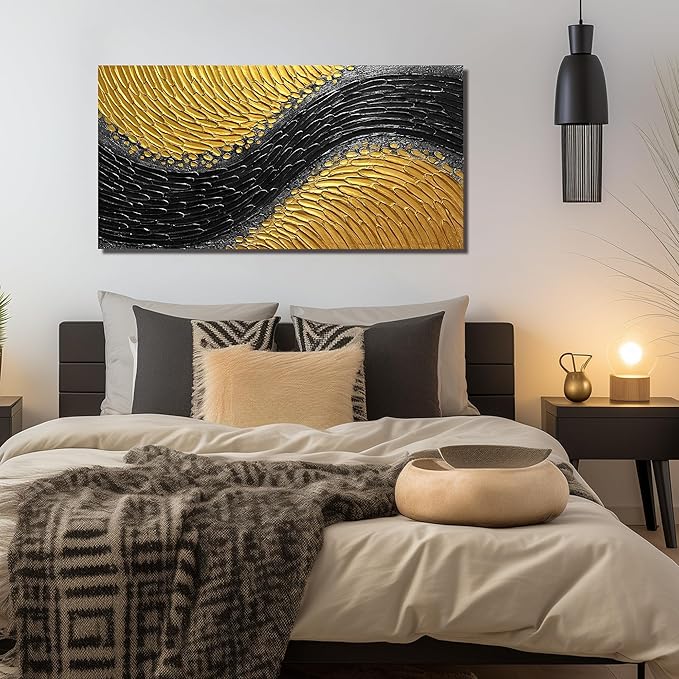 Abstract 3D Hand Painted Wall Art for Office Black and Gold Canvas Wall Art for Bedroom Modern Wall Decor for Living Room Size 24 x 47 Inch