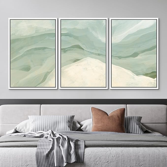 MUDECOR Framed Wall Art Print Set Pastel Waves Blue and White Tones Illustrations Modern Art Boho Decorative Colorful Chic for Living Room, Bedroom, Office - 16"x24"x3 White