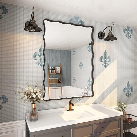 24x36 Matte Black Mirror, Black Metal Vanity Mirror for Wall, Rectangle Bathroom Mirror with Wavy Frame, Anti-Rust(Horizontal/Vertical)