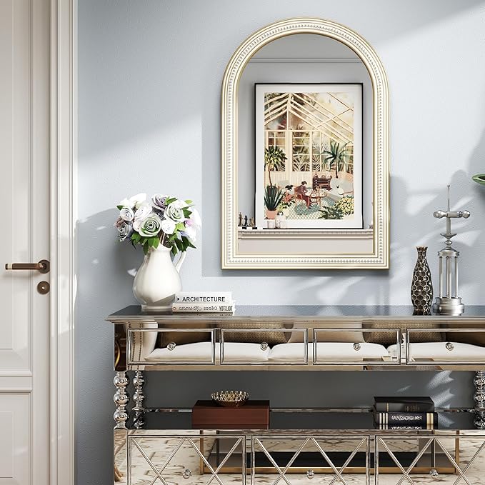 36x24 Inches Farmhouse Wooden Arched Wall Mirrors, Boho Decorative Arch Mirrors for Bathroom Over Sink, Living Room, Hallway, Foyer, Entryway