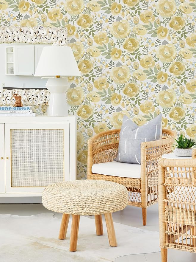 Orainege Floral Wallpaper Peel and Stick Wallpaper 16.9inx196.8in Self Adhesive Wallpaper Boho Contact Paper Removable Decorative Wall Paper for Bedroom Bathroom Shelf Liner Decor Vinyl,Yellow