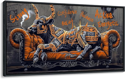 JEAWA Framed Canvas Wall Art - Creative Wall Art for Bedroom Living Room Bathroom, Modern Artwork Decor for Home Decoration, Strong Bull Color Graffiti, 20x40 IN