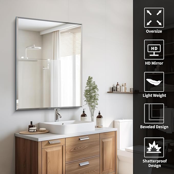 Beveled Bathroom Mirror, 30x40 Large Frameless Mirrors for Over Sink, Upgraded Shatterproof Beveled Frameless Vanity Mirror for Bathroom,Bedroom,Living Room and Entryway