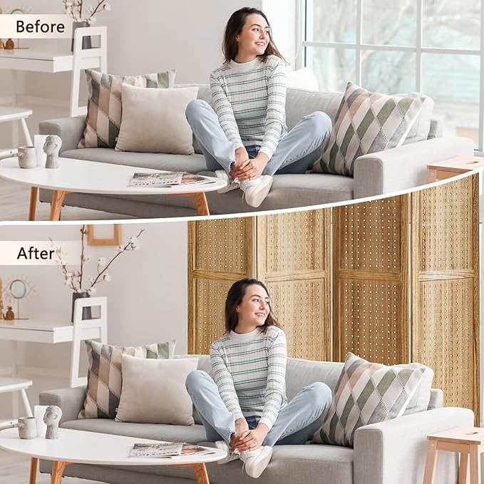 4 Panel Pegboard Display with 16 Hooks, Wooden Room Divider Wall and Folding Privacy Screens, Partition Room dividers, Pegboard Room Divider, Jewelry Store, Bedroom, Balcony, Light Brown