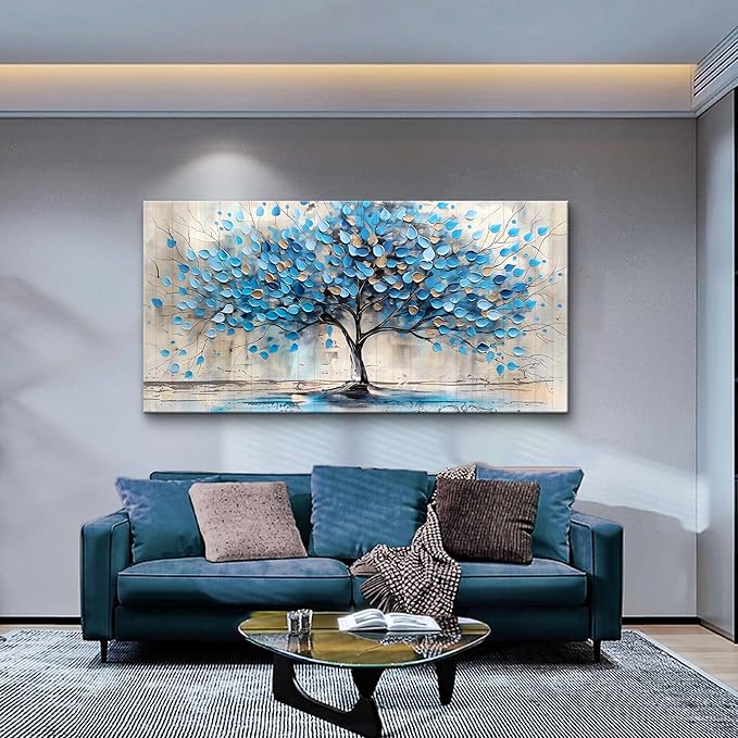 Lapremoly Large Wall Art For Living Room Framed Wall Decor For Bedroom Office Decor Textured Abstract Wall Pictures Artwork Blue Tree Painting Panoramic Landscape Prints Home Decorations 30x60 In
