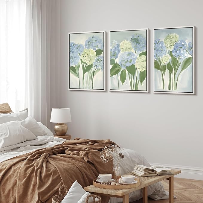 MUDECOR Framed Wall Art Print Set Blue Hydrangea Floral Botanical with Green Leaves Illustrations Modern Art Boho Decorative Colorful Chic for Living Room, Bedroom, Office - 24"x36"x3 White