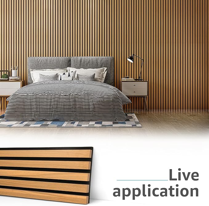 Art3d 4-Pack 94.5 x 7.9 inch Acoustic Wood Slat Wall Panels for Interior Decor, 3D Fluted Sound Absorbing Wood Paneling for Accent Wall Ceiling Kitchen Living Room Bedroom Office, Warm Teak