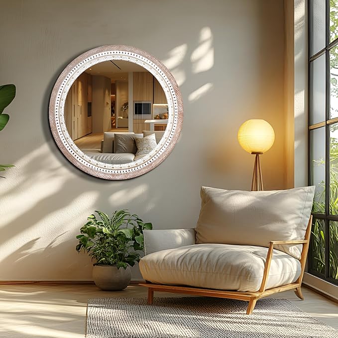 24 Inch Wooden Round Mirror for Wall Decor, Farmhouse Rustic Decorative Circle Mirrors with Beaded Frame, for Bedroom, Bathroom, Living Room, Entryway