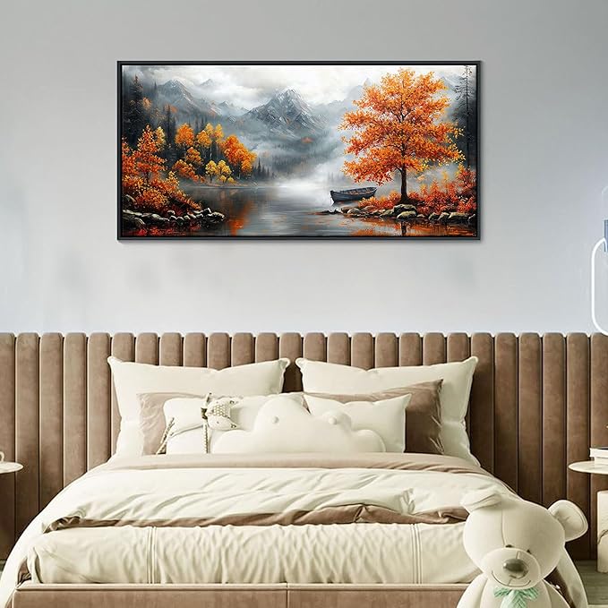 JEAWA Framed Canvas Wall Art - 20x40 IN Landscape Painting Decor Ready to Hang, Majestic Mountain Picture, Orange Trees by the Lake Art Prints for Bedroom Bathroom Home Decoration