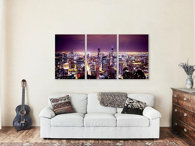 NAN Wind Large Modern City Chicago Skyline Pictures Cityscape Canvas Wall Art for Bedroom Downtown Poster Office Dining Room Wall Decor Wood Framed Night Scene Prints Paintings for Home Decorations