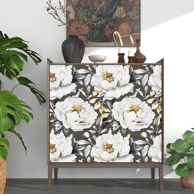 Boho Wallpaper Peel and Stick Dark Floral Wallpaper for Cabinet 17.5x118in Waterproof Removable Modern Large Flowers Leaf Wall Paper for Room Walls Bathroom Decor