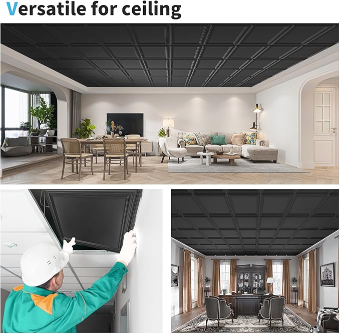 Art3d 24-Pack Drop Relief Ceiling Tiles for Home, Office & Commercial Space, 24 x 24in PVC Waterproof 3D Wall Panels Cover 96 Sq. Ft, Black