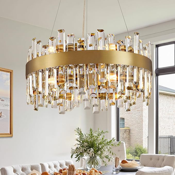Modern Gold Crystal Chandelier, 12-Light Luxury Dining Room Chandelier, Elegant K9 Crystal Pendant Ceiling Light Fixture for Living Room, Kitchen, Entryway, E12 Base, 59" Adjustable Wire
