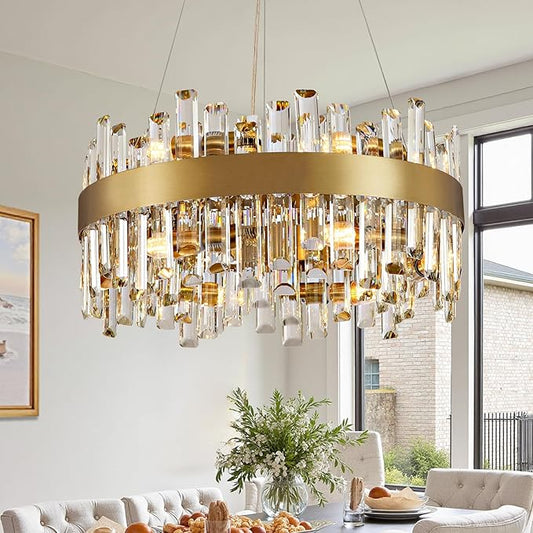 Modern Gold Crystal Chandelier, 12-Light Luxury Dining Room Chandelier, Elegant K9 Crystal Pendant Ceiling Light Fixture for Living Room, Kitchen, Entryway, E12 Base, 59" Adjustable Wire