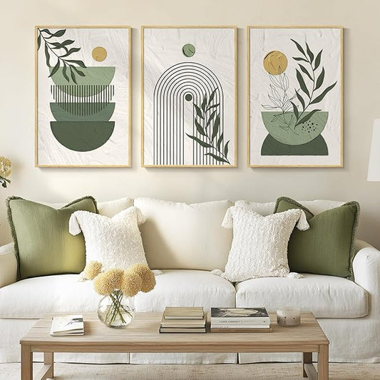 Large Boho Framed Sage Green Canvas Wall Art, 3 Pieces White Green Prints Paintings Artwork for Walls, Bohemian Wall Hanging Pictures for Living Room, Hallway, Office Wall Decor -Total 30x60 Inch