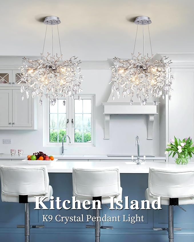Modern Tree Branch Crystal Chandelier Luxury Silver Crystal Pendant Lighting 18" Contemporary 6-Light Chandeliers for Dining Room Kitchen Bedroom Living Room