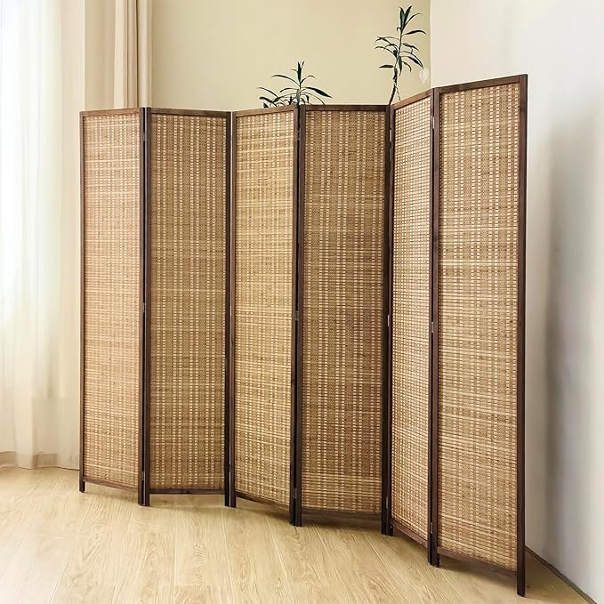 6 Panel Room Divider Screen,5.6 FT Tall Bamboo Divider Folding Privacy Screen,Freestanding Room Divider for Room Seperation,Brown