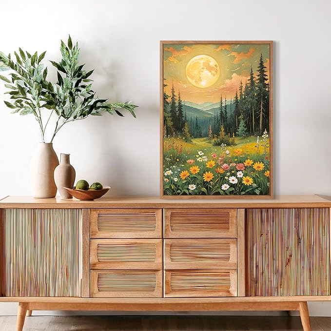CHDITB Moonlit Forest Floral Framed Canvas Wall Art Set, Nature Inspired Wall Decor, Mystical Midnight Spiritual Wall Painting, Vintage Mountain Landscape Art Prints for Living Room, Bedroom, 16"x24"