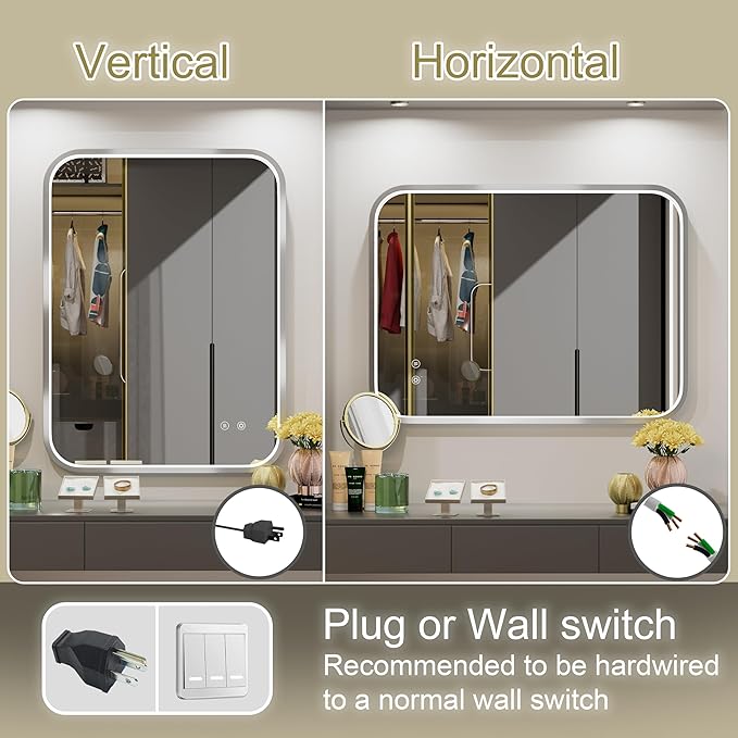 24x32 Inch Silver LED Mirror for Bathroom with Lights, Adjustable 3000K/4500K/6000K, Wall Mounted Lighted Bathroom Vanity Mirrors, Memory Funtiom, Dimmable, Anti-Fog, Horizontal/Vertical