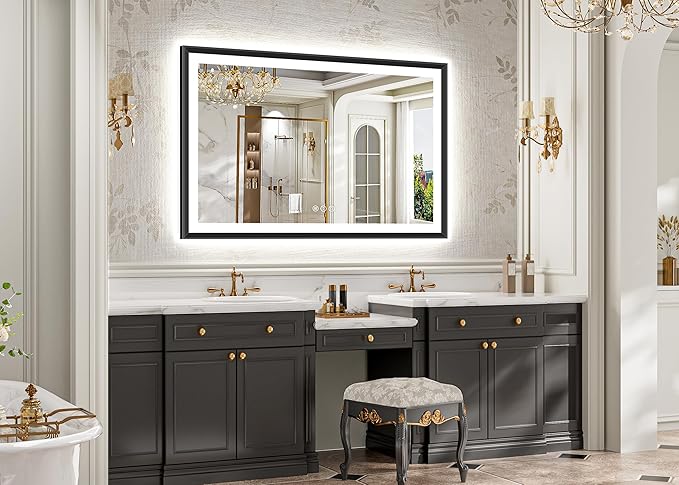 51x32 Black Framed Led Bathroom Mirror with Lights, Front Lit and Backlit, Lighted Vanity Mirror for Bathroom Wall, Anti-Fog, Dimmable, 3 Colors, Memory, HD Tempered Glass