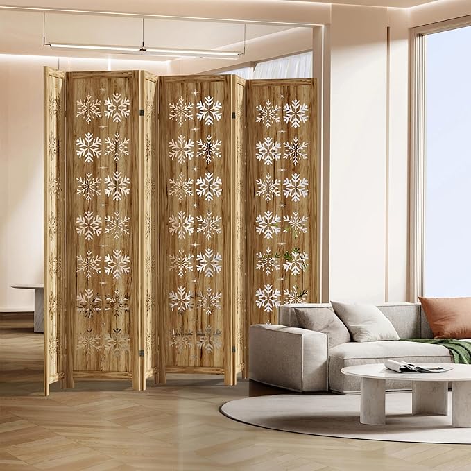 Casaphoria 6 Panels Room Divider, Folding Screen Room Divider with Snowflake Pattern for Home Office, Restaurant and Bedroom, Paulownia Wood, 95" W x 67" H (Natural)