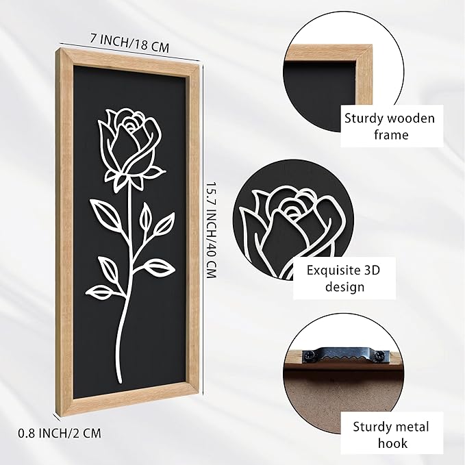 3D Wooden Black and White Floral Framed Wall Decor of 2, 7"X16" Farmhouse Vintage Boho Minimalist Flower Wall Art for Living Room, Rustic Retro Moody Vertical Tulip Rose Botanical Wall Sculptures