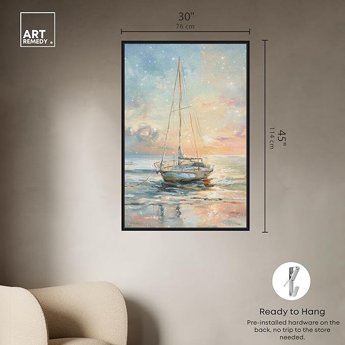 Art Remedy Boat On The Shore Framed Sailing 1 Piece Canvas Wall Art, 31" x 46", Black Frame