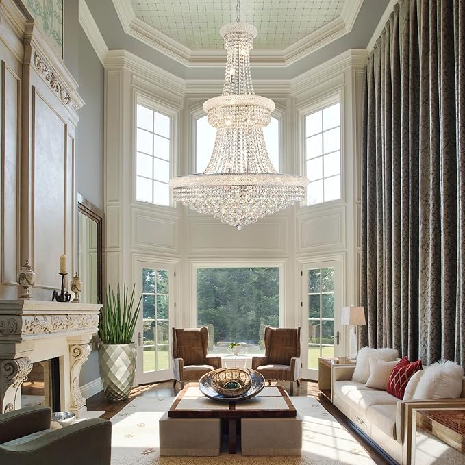 Large Crystal Chandelier Light fixtures - 19-Light High Ceiling Hanging Chandeliers, 3-Layers Luxury Empire Chandeliers for High Ceilings,Entryway,Living Room,Staircase, Foyer (D31.5)