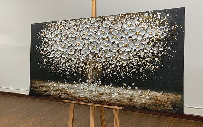 Art8YuQi Paintings - Contemporary Abstract Art Oil Painting On Canvas Texture 3D Silver Tree Gary Painting Handmade Artwork Picture Canvas Wall Art Modern Home Decor living room Ready to Hang