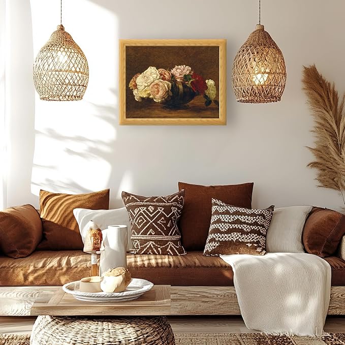 Brivoria Framed Canvas Wall Art Vintage Decor, Antique Floral Still Life Artwork with Roses and Rustic Autumn Tones for Living Room Bedroom Dining Room Fireplace or Gallery Wall Display, 16"x20"