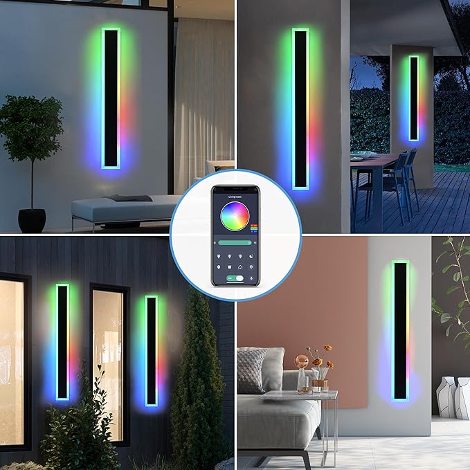 MELUCEE 2 Pack Outdoor RGB Long Wall Lights, 48 Inch Wall Lights RGB/Warm/White Dimmable Modern Led Wall Lighting, IP65 Waterproof Wall Sconce with Remote Control for Outdoor/Indoor Party Gathering