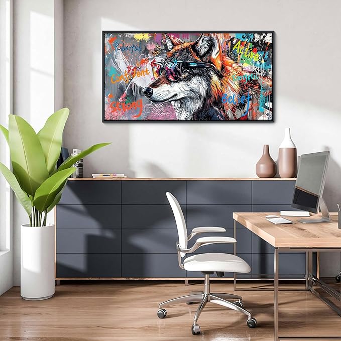 JEAWA Framed Canvas Wall Art - 20x40 In Abstract Painting Decor, Inspirational Graffiti Wolf Pictures, Modern Street Art Prints for Bedroom Living Room Bathroom Home Decoration
