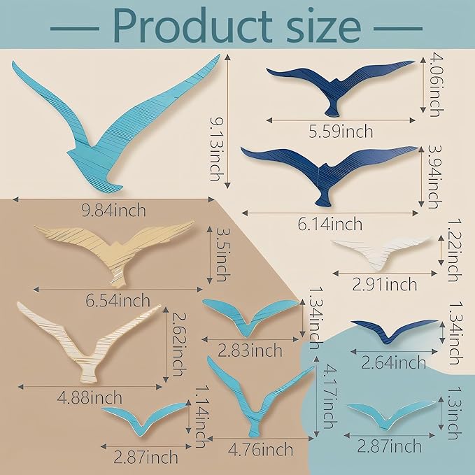 11 PCS Wooden Seagull Wall Art Beach Decor, Wood Sea Gull Ocean Coastal Decor for Wall, Adhesive Nautical Decor Sculpture Vintage Ornaments For Home Bathroom (Blue)