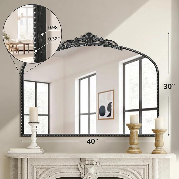 Micasso Large Vintage Black Mirror: 40" x 30" French Baroque Antique Mirror - Traditional Ornate Decorative Arched Mirrors for Wall/Bathroom/Entryway/Fireplace/Hallway - Home Decor for Living Room