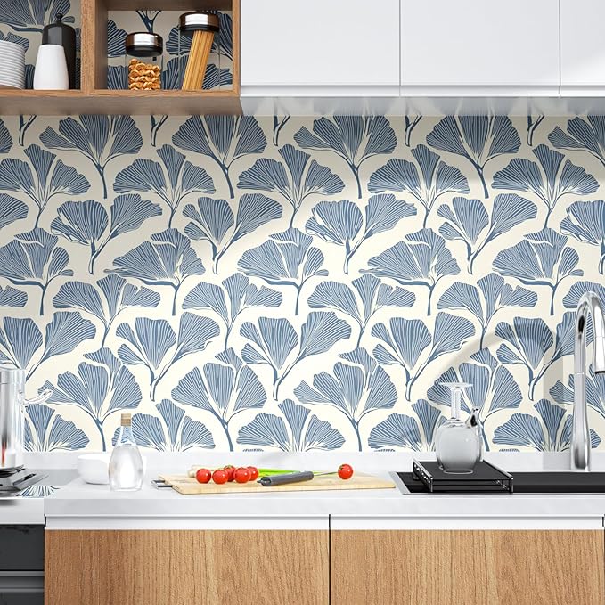 Blue Leaf Wallpaper Boho Peel and Stick Wallpaper Blue Leaf Vintage Contact Paper Beige Floral Wall Paper Removable Wallpaper Self Adhesive for Cabinet Drawers Wall Decor 17.5''x393''