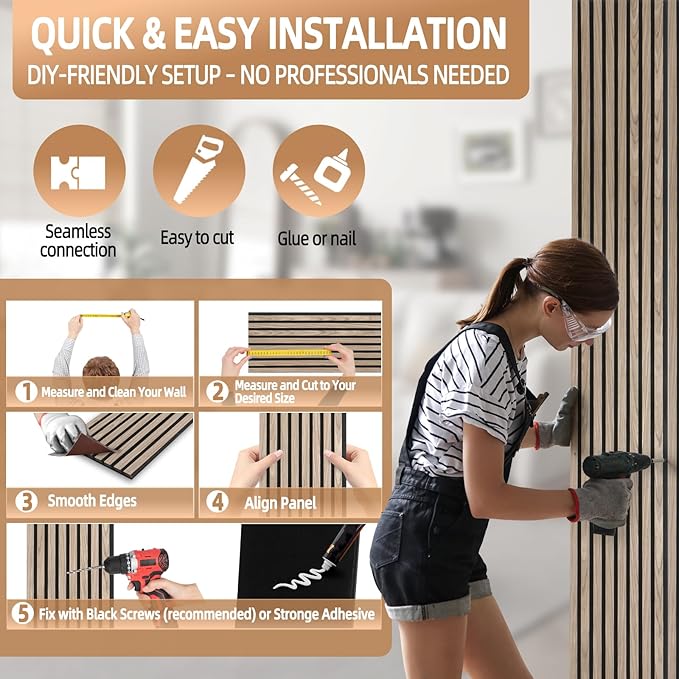 Acoustic Wood Slat Wall Panels - Walnut Soundproof Paneling for Interior Wall Decor, Modern Design, 94" x 12", 4-Pack