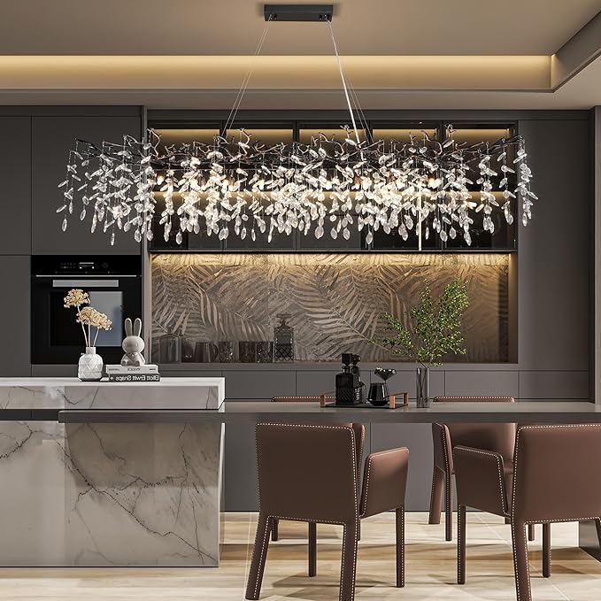 71" Black Crystal Chandelier, 20-Light Modern Tree Branch Chandelier, Luxury Rectangular K9 Crystal Raindrop Chandeliers for Dining Room Kitchen Island Living Room, Contemporary Pendant Light Fixture