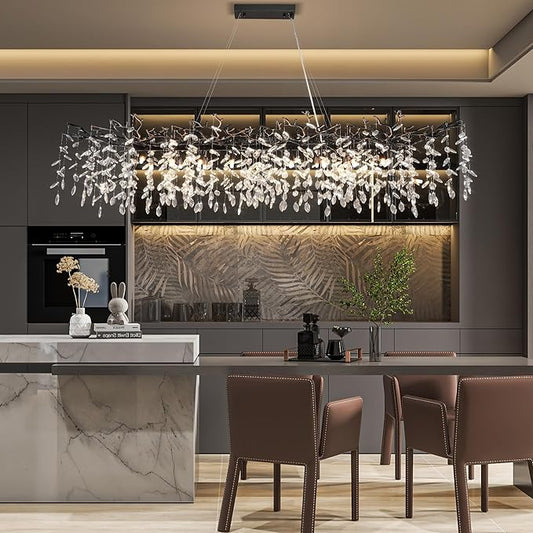 71" Black Crystal Chandelier, 20-Light Modern Tree Branch Chandelier, Luxury Rectangular K9 Crystal Raindrop Chandeliers for Dining Room Kitchen Island Living Room, Contemporary Pendant Light Fixture