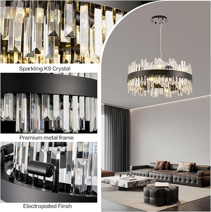 24'' Modern Black Crystal Chandeliers for Dining Room,2 Tiers K9 Crystal 12-Lights Luxury Chandelier Light Fixture Contemporary Pendant Ceiling Light for Living Room Kitchen Island Foyer