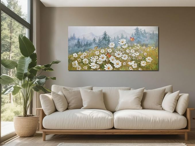 Arjun Flower Wall Art Daisy Painting Textured Paintings, Canvas Art Wall Decor, Large Wall Art for Bedroom, Daisy Art Large Paintings for Living Room Home Office Dining Room 48"x24"