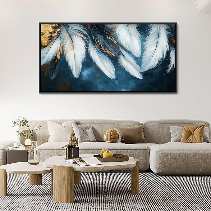 Mofutinpo Blue and Gold Wall Art Framed Navy Blue Decor for Living Room Feather Canvas Art Wall Decor, Blue Bedroom Wall Decor Above Bed Pictures, Painting - Artwork for Walls 29×58IN