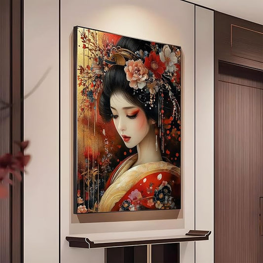 Japanese Geisha Canvas Wall Art, Geisha Girl Canvas Print, Gold Red Floral Kimono Canvas Art, Geisha Wall Art, Luxury Zen Wall Art, Asian Poster, Traditional Living Room Wall Art (Black Framed, 24"x32" | 61x81cm)