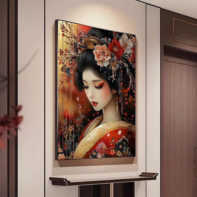Japanese Geisha Canvas Wall Art, Geisha Girl Canvas Print, Gold Red Floral Kimono Canvas Art, Geisha Wall Art, Luxury Zen Wall Art, Asian Poster, Traditional Living Room Wall Art (Black Framed, 15"x20" | 38x51cm)