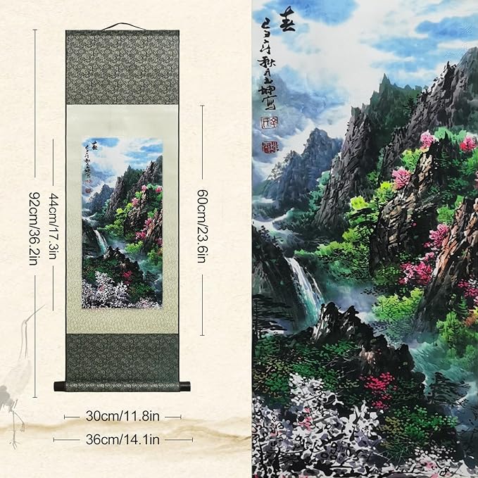 AtfArt Asian Wall Decor - Beautiful Silk Scroll Painting of Four Seasons Landscape - Summer, Autumn, Winter-Spring - Oriental Decor - Chinese Art - 36.2 x 12in (Spring)