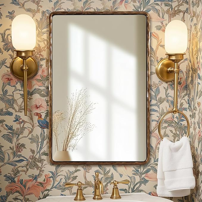 ANDY STAR Hand-Forged Gold Bathroom Mirrors for Wall, 22x30 Inch Vintage Solid Steel Metal Frame Bathroom Vanity Mirror, Antique Rounded Rectangle Wall Mirror, Hangs Horizontally or Vertically