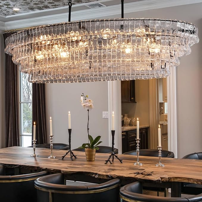 65 Inch Large Rectangular Black Chandelier for Dining Room, Clear Glass Drum Modern Pendant Light Fixture, Extra Long Kitchen Island Lighting