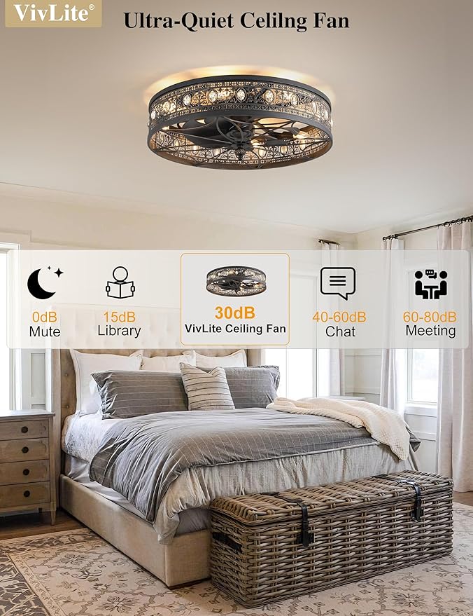 24" Vintage Crystal Chandelier Fan, Luxury Art Deco Flush Mount Fandelier with Lights and Remote, Rustic Enclosed Bladeless Ceiling Fan for Living Room, Dining Room, Large Bedrooms