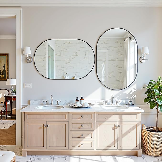 Antok 2PCS Wall Mirror, 24"x36" Bathroom Vanity Mirror, Anti-Rust HD Tempered Glass, Wall Mounted Mirrors for Living Room, Entryway, Hallway, Black Frame, Oval